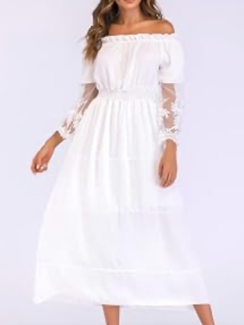 White Off the Shoulder Maxi Sheer Lace Sleeve Elegant Boho Romantic Dress Large